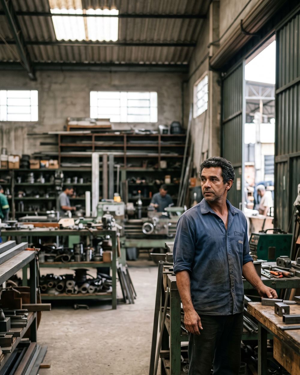 Dono de pequena indústria no galpão da própria empresa